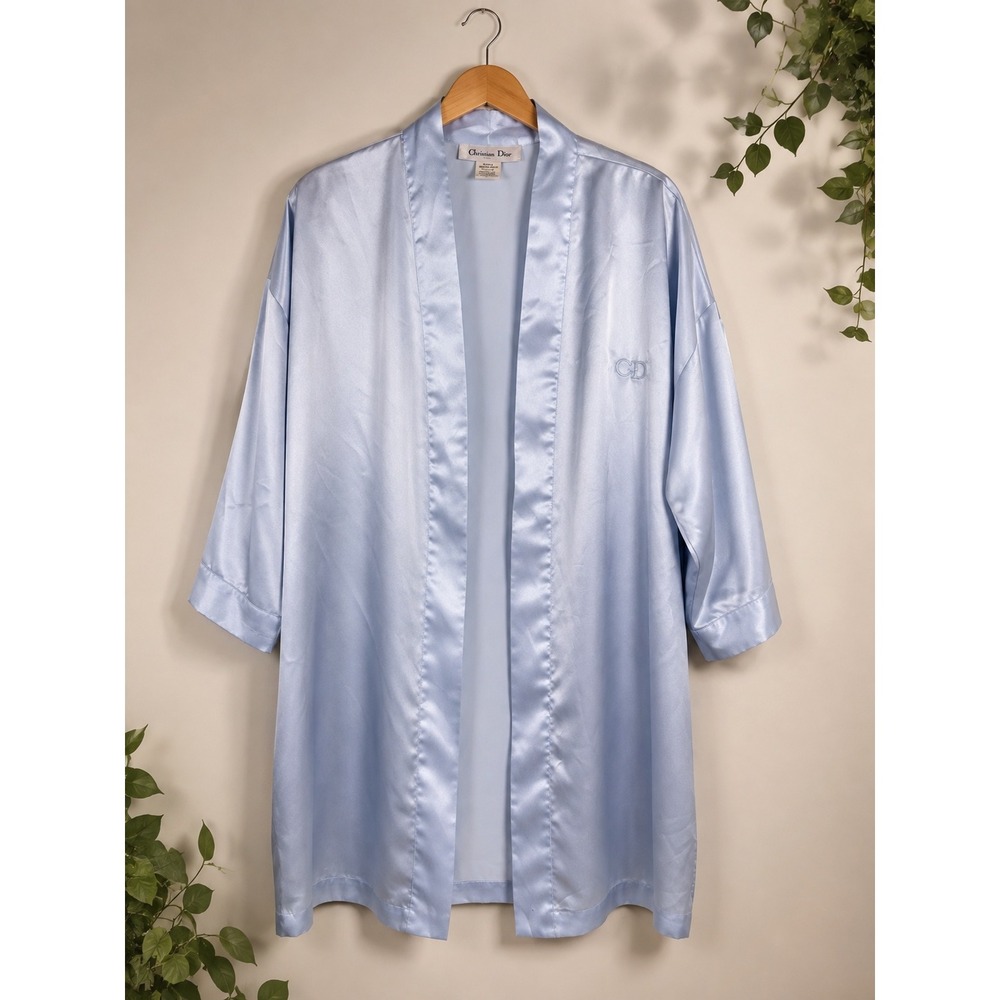 **Vintage Christian Dior Satin Robe Icy Blue CD Monogram Kimono Small**